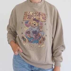 Vintage Jerzees Tan Love Conquers All Teddy Bear Graphic Sweatshirt Grandma L